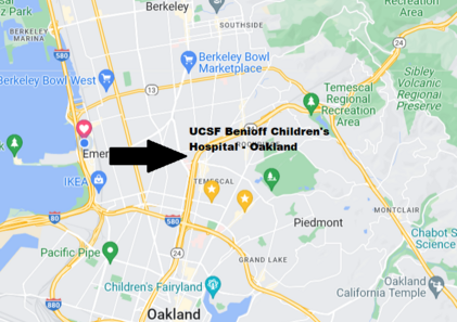 Map showing location of UCSF Benioff Children's Hospital Oakland relative to the Emeryville webcam